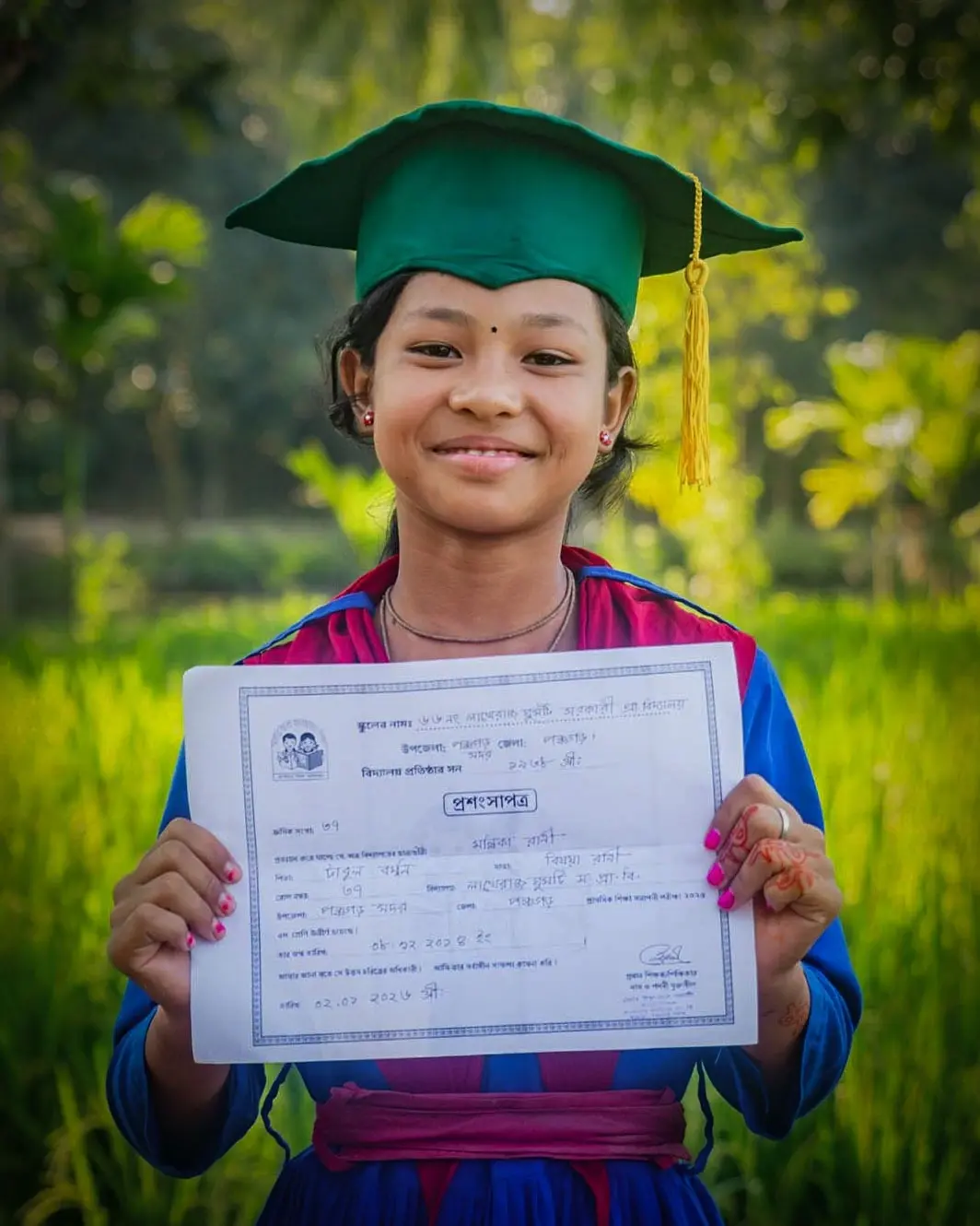 A smiling girl in a green graduation cap holding up her primary school certificate, with green fields behind her